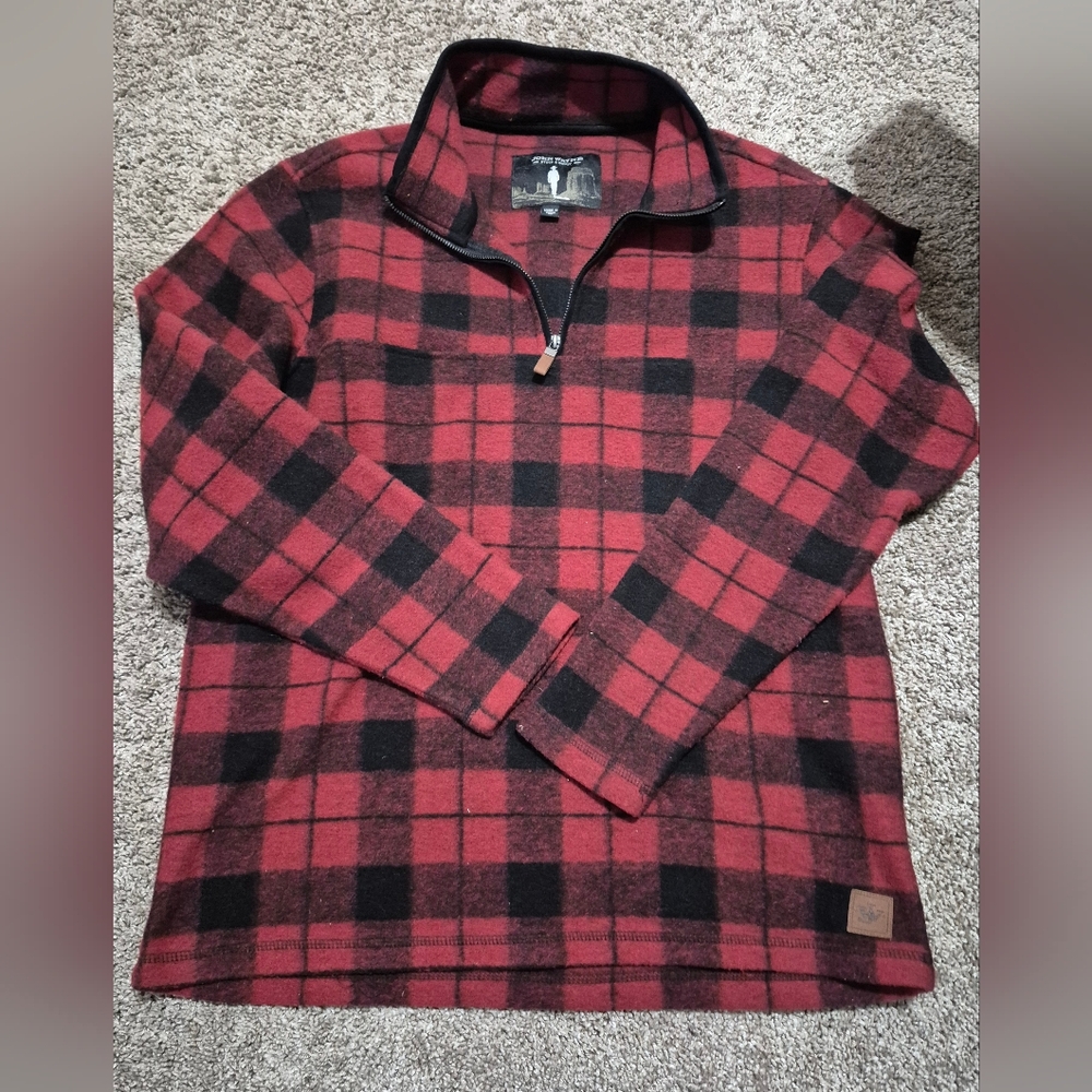 John Wayne Stock Supply Red Black Check Plaid 1/4 Zip Fleece Pullover Men's Med